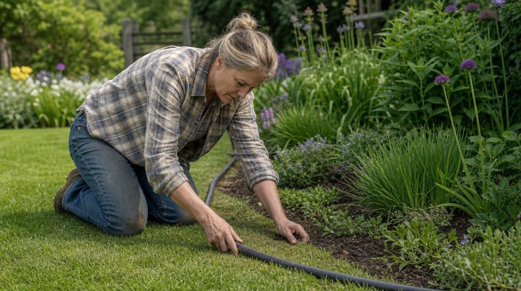 Jardinier traçant une courbe avec un tuyau sur pelouse