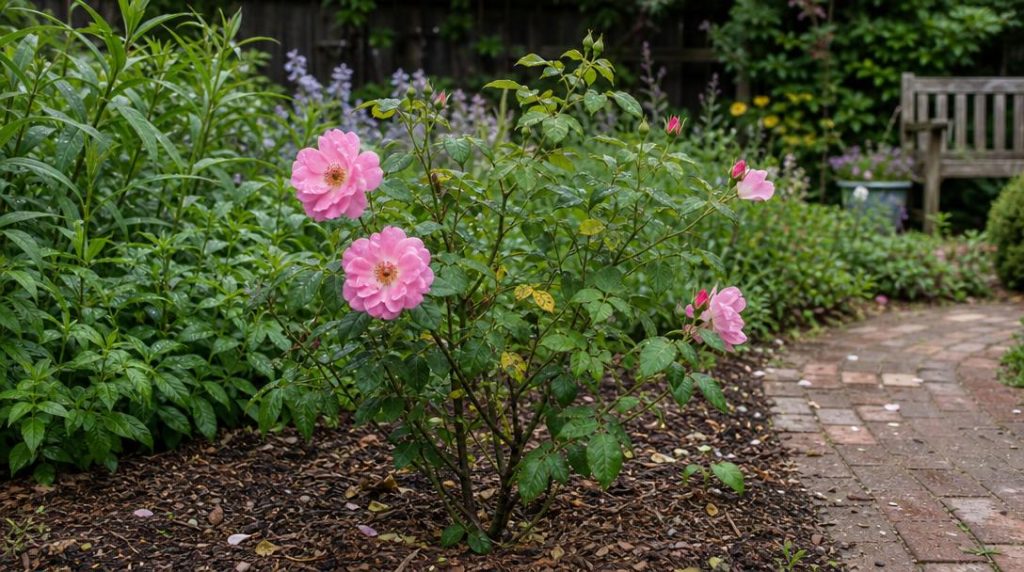 Rosier fleuri avec feuilles marquées par des taches noires