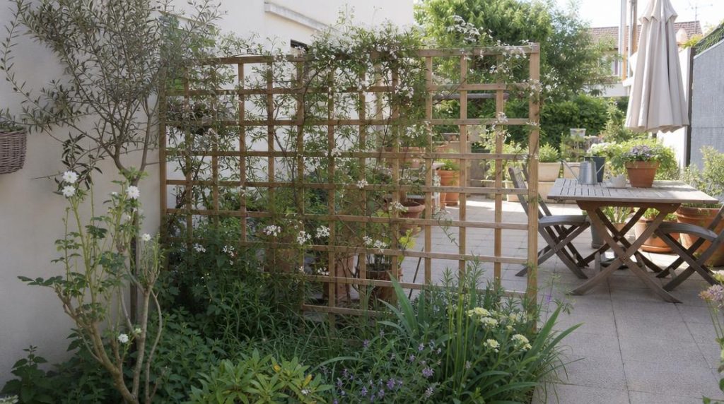 Panneau ajouré avec jasmin sur terrasse de jardin