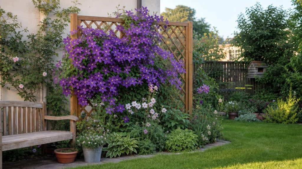 Treillis en bois avec clématite violette en fleurs