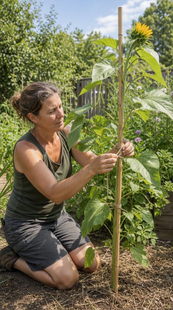 Jardinier attachant une tige de tournesol à un tuteur