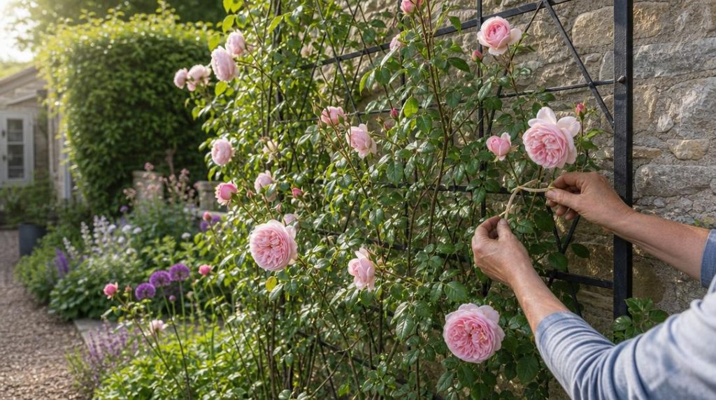 Rosier grimpant rose attaché souplement sur treillage mural