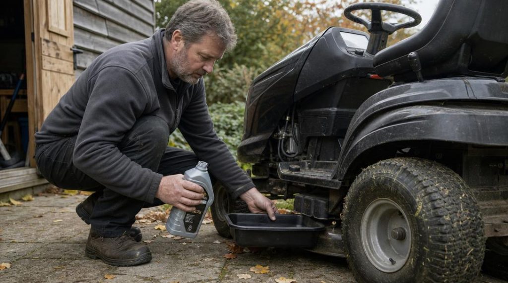 Vidange moteur d'une tondeuse autoportée dans un jardin